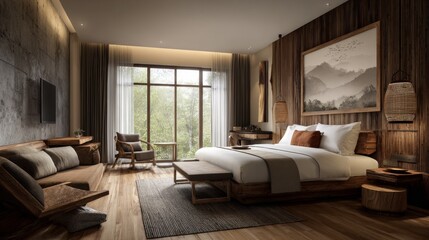 Eco-Friendly Interior of a Hotel Room Featuring Recycled Wood Furniture and Sustainable Design Elements