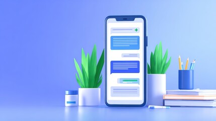 A modern smartphone displaying a messaging app surrounded by green plants and stationery on a desk