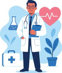 Obraz premium Flat vector illustration of a doctor standing confidently, wearing a white coat and stethoscope, holding a clipboard. 