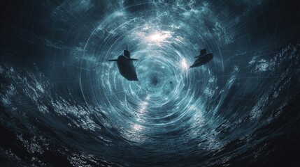 Naklejka premium Glowing wormhole tunnel through ocean depths, featuring ghostly submarine silhouettes in an engineering marvel.
