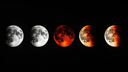 Sequence of lunar eclipse phases showing the moon transitioning from full to a deep red blood moon