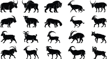Goat silhouettes collection, farm animal poses, horned livestock, mountain goat, rural farming, nature art, vector illustration, fauna design, wild habitat, animal icon