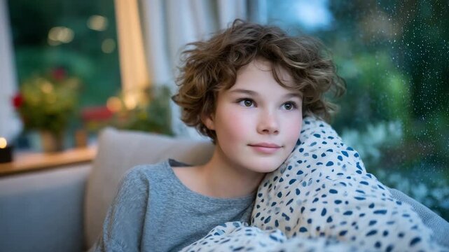 A curly-haired girl sits on a living room couch, gazing out the window with a distant, melancholic expression, enveloped in a silent, emotionally fatigued atmosphere.