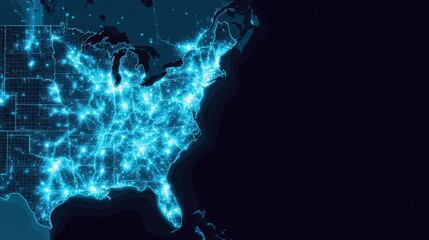 Illuminated map of the Eastern United States showcasing digital connectivity and urban density