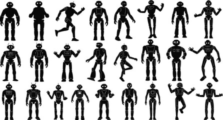 Robot silhouettes collection, futuristic AI characters, mechanical designs, humanoid machines, technology icons, artificial intelligence, sci‑fi robots, vector illustration, robotics art