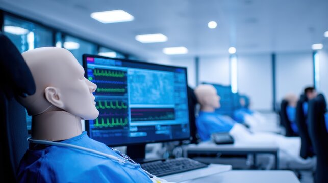 Medical training facility featuring advanced mannequins and monitoring equipment in a simulation room