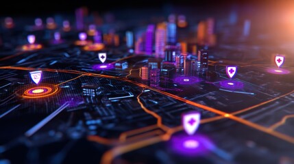 A vibrant digital cityscape showcasing a network of glowing location markers on a futuristic map