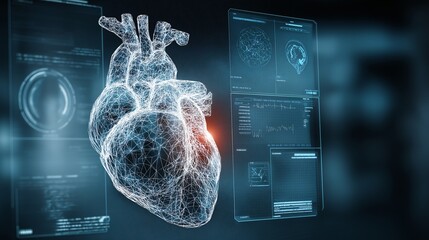 Futuristic digital heart hologram, medical interface, artificial intelligence, data analysis, and advanced healthcare technology concept, glowing blue wireframe heart with diagnostic screens