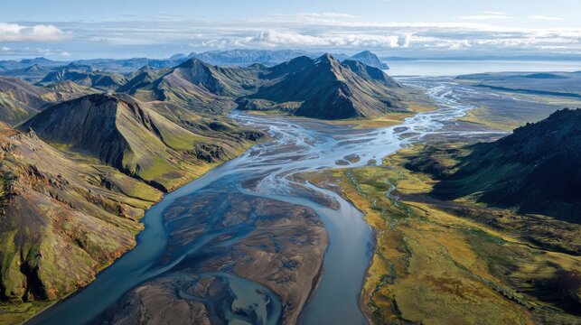 icelandic river valley aerial view