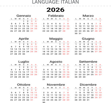 Calendario 2026 in lingua italiana, design pulito e moderno, dodici mesi, ideale per ufficio, stampa e uso digitale