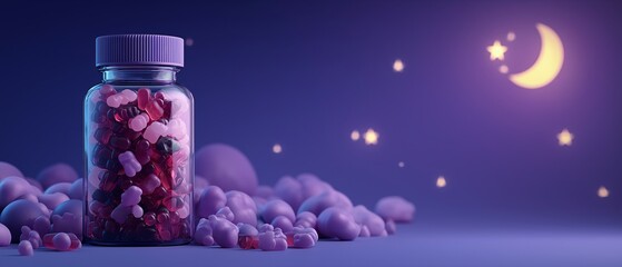 Gummy supplement bottle purple lid dreamy night background crescent moon stars soft lighting calming sleep aid relaxation wellness peaceful mood