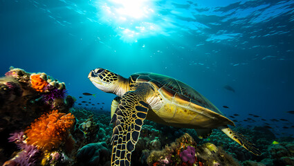 Photo of sea turtle swimming in the ocean near coral reef with sunlight shining through the water