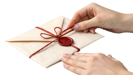 Hands tying a red string around a vintage envelope sealed with wax isolated on a transparent background