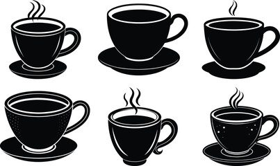 Vector art of collection of six black and white coffee cups with steam