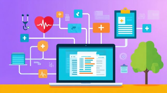 Digital healthcare interface showcasing medical data management with laptop, icons, and tree backdrop