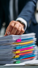 Businessman's hand reaching for a stack of documents organized with colorful binder clips graphic