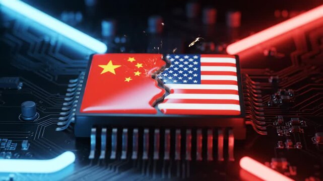 Trade Tensions Illustrated with Chinese and American Flags on Microchip - A high-angle view of a microchip split in half, one side displaying the Chinese flag and the other the American flag.
