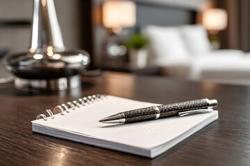 A spiral notebook and pen on a dark wooden table.