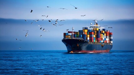 A massive cargo container ship loaded with colorful shipping containers sails across calm blue waters, with seagulls flying overhead, symbolizing global trade, logistics, and maritime transportation.
