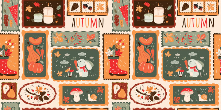 Autumn fashion seamless patchwork pattern. Set of autumn elements and funny characters. Vector design for fabric, wallpaper, wrapping paper, and more.