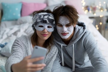 Couple Taking Selfie with Face Masks and Sleep Mask