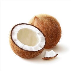 Tropical Treasure: A macro shot of a whole coconut, and a half-cut coconut with a slice. Emphasizing the natural texture, inviting the viewer to experience the tropics.