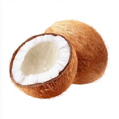 Tropical Delight: Fresh, juicy coconuts, one whole and one halved, offering a refreshing glimpse of a taste of paradise, appealing to food lovers and those seeking tropical flavors.