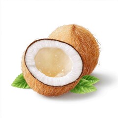 Coconut: A fresh, ripe coconut with one half sliced open, showcasing its refreshing, creamy white interior and the refreshing coconut water, presented alongside its husk and vibrant green leaves.