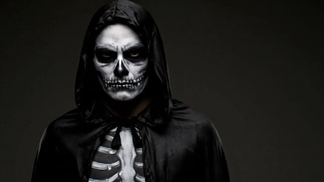 Person in skeleton makeup and hooded cloak stands against a dark gray background