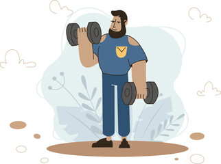 Flat Illustration of Man Lifting Dumbbells for Workout