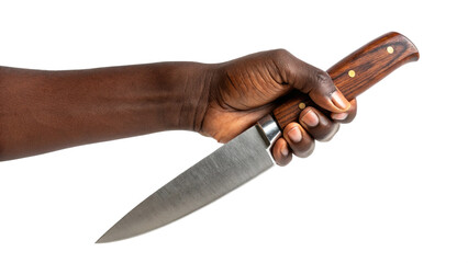 Hand Holding Sharp Metal Kitchen Knife with Wooden Handle Ready for Use