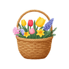 Obraz premium Spring Flowers in a Wicker Basket - Vibrant