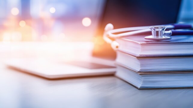 Stethoscope resting on stacked medical textbooks beside a laptop in a bright, clinical workspace