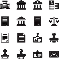 Vector Icon Set of Government Buildings Legal Documents and Official Stamps