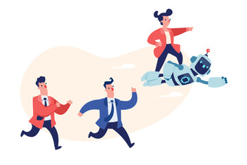 businesswoman on flying robot leading the race against business competitors