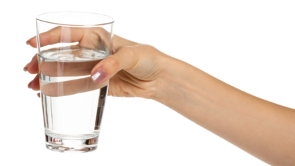 Women Hand Holding a Glass of Clear Refreshing Water Isolated on a Transparent Background