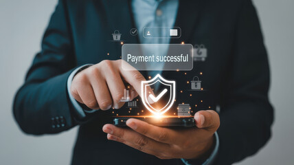 Businessman finger tapping on mobile screen with payment successful icon, digital shield, secure transaction, online banking, financial technology, modern business concept