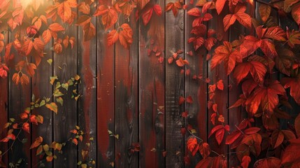 Autumn Foliage Displays Vibrant Colors Against Weathered Wooden Wall