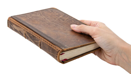 Obraz premium Hand Holding Old Leather Bound Journal Notebook With Aged Paper Pages