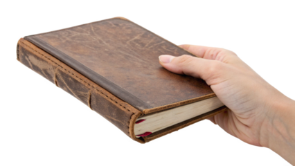Hand Holding Old Leather Bound Journal Notebook With Aged Paper Pages