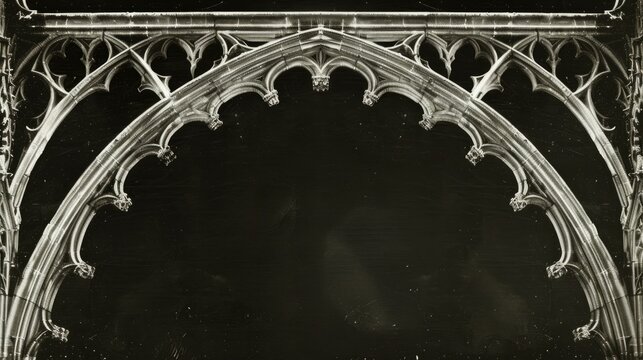  Gothic architecture detail of an archway with intricate stone carvings on a dark background