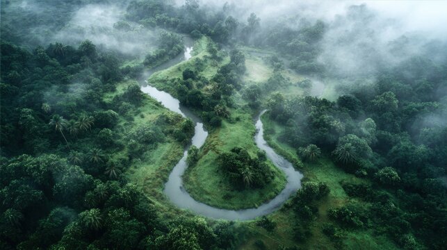 misty river winding through jungle
