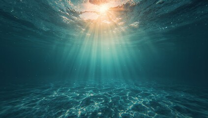 Fototapeta premium Sunlight beams piercing through clear turquoise ocean water from above
