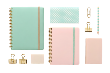 High quality realistic office stationery set with mint green and light pink accents, gold paper clips, golden stapler, notebook, sticky notes, minimalist vector, png file isolated on transparent backg