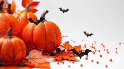Bright orange pumpkins surrounded by autumn leaves and flying bats create a festive Halloween atmosphere. Simple white background provides a clean, fresh look