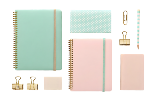 High quality realistic office stationery set with mint green and light pink accents, gold paper clips, golden stapler, notebook, sticky notes, minimalist vector, png file isolated on transparent backg