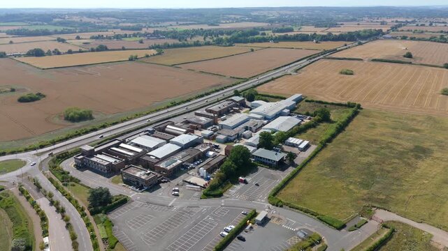 Aerial drone view of research sicence park buildings, Motor Industry Research association in England UK Europe sunny day Leicestershire 