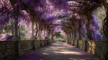 A sunlit pathway under a vibrant wisteria-covered pergola, strewn with fallen blossoms
