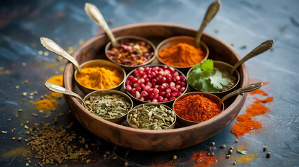 A high-quality food photography shot of an Indian spice display in a rustic wooden bowl.