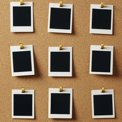 Nine blank instant photo frames attached with clips to a cork board, creating a vintage display of memories